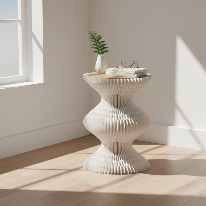Moderner Art-Deco-Runder Tisch aus Kraftpapier, Edelstahl und Acryl, Akkordeon-Faltbarer Beistelltisch für Wohnzimmer 