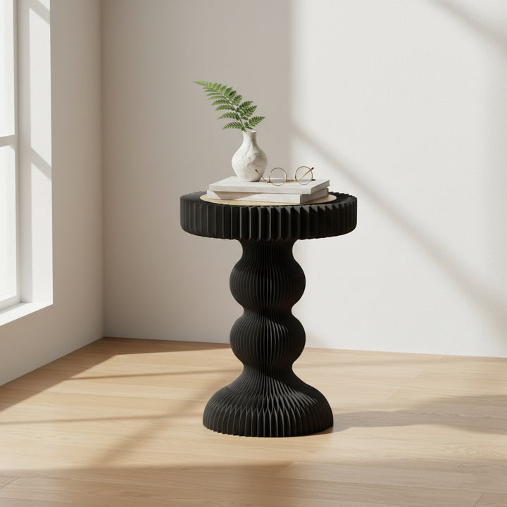Moderner Art-Deco-Runder Tisch aus Kraftpapier, Edelstahl und Acryl, Akkordeon-Faltbarer Beistelltisch für Wohnzimmer 