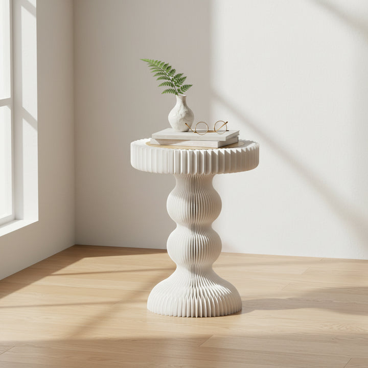 Moderner Art-Deco-Runder Tisch aus Kraftpapier, Edelstahl und Acryl, Akkordeon-Faltbarer Beistelltisch für Wohnzimmer 