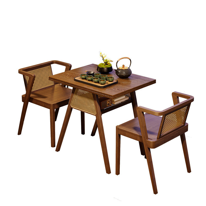 Traditional Chinese Square Rubberwood Backrest Desk &amp; Chair Set For Living Room