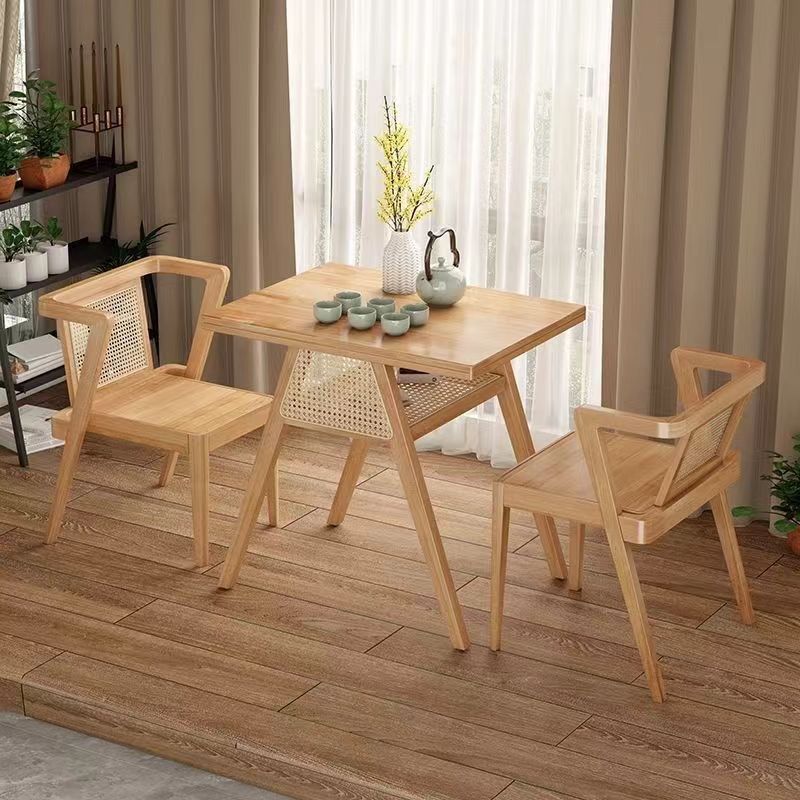 Traditional Chinese Square Rubberwood Backrest Desk &amp; Chair Set For Living Room
