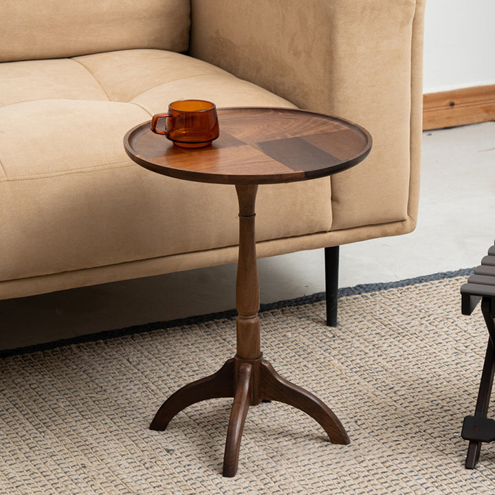 Table d'appoint ronde traditionnelle vintage en bois massif de noyer noir pour salon 