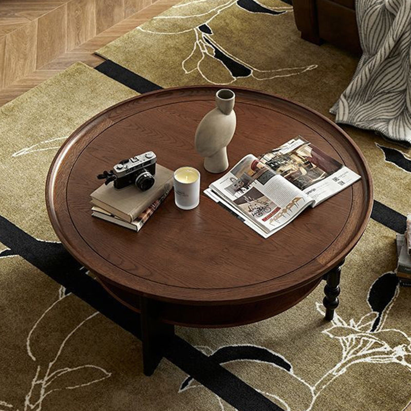 Modern Mid-Century Round Rubberwood Solid Wood Coffee Table 1/2-Tier For Living Room
