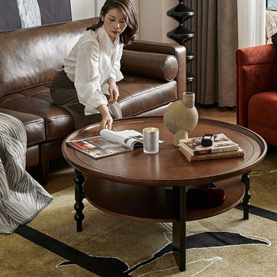 Modern Mid-Century Round Rubberwood Solid Wood Coffee Table 1/2-Tier For Living Room