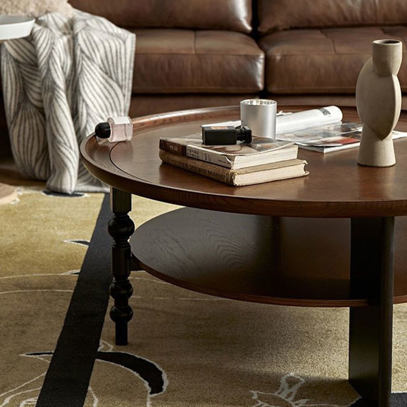 Modern Mid-Century Round Rubberwood Solid Wood Coffee Table 1/2-Tier For Living Room