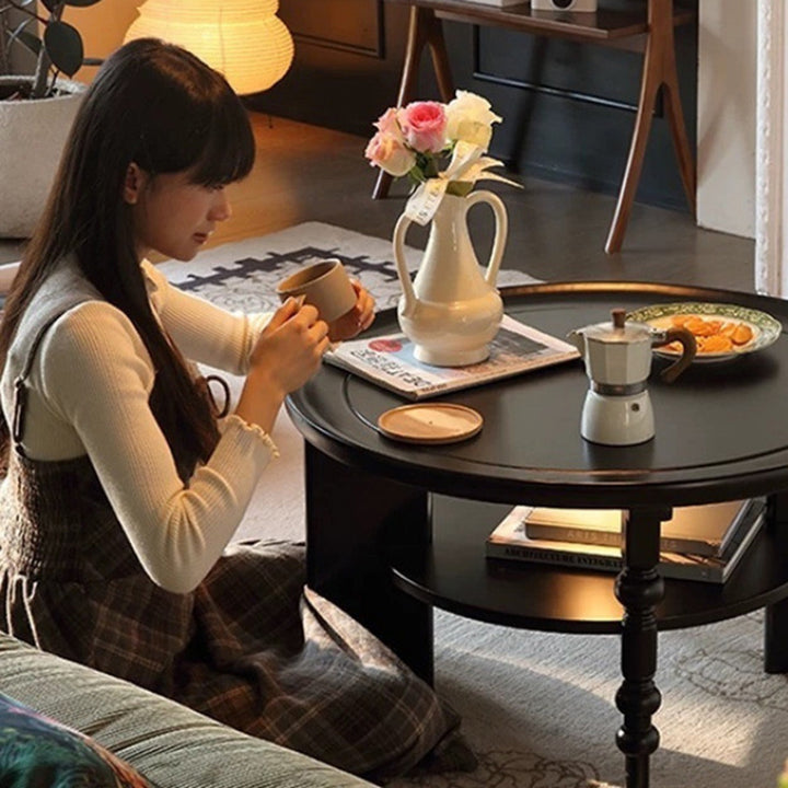 طاولة قهوة دائرية عصرية من خشب المطاط بتصميم منتصف القرن، بطبقة واحدة/طبقتين، لغرفة المعيشة 