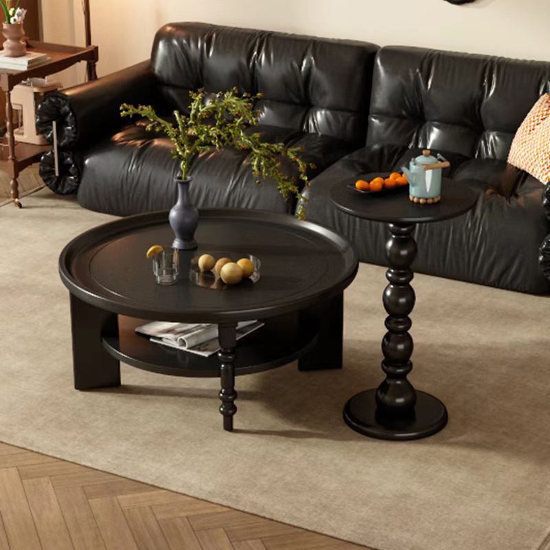 Modern Mid-Century Round Rubberwood Solid Wood Coffee Table 1/2-Tier For Living Room