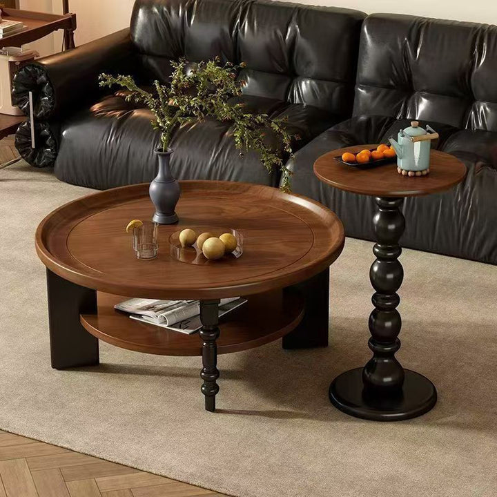 Table basse ronde moderne de style mid-century en bois d'hévéa massif, 1/2 niveau, pour salon 