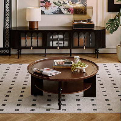 Modern Mid-Century Round Rubberwood Solid Wood Coffee Table 1/2-Tier For Living Room