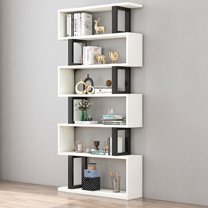 Bibliothèques verticales géométriques scandinaves contemporaines en MDF et acier, étagères ouvertes à 3/4/5/6 niveaux avec dos ouvert, pour bureau à domicile 