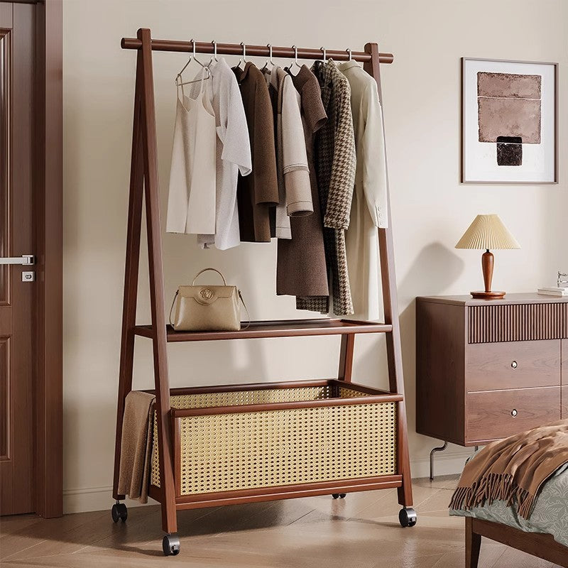 Contemporary Retro Trapezoidal Multifunctional Nan Bamboo Hall Tree Coat Rack With Wheels &amp; Plastic Rattan Laundry Basket For Entryway