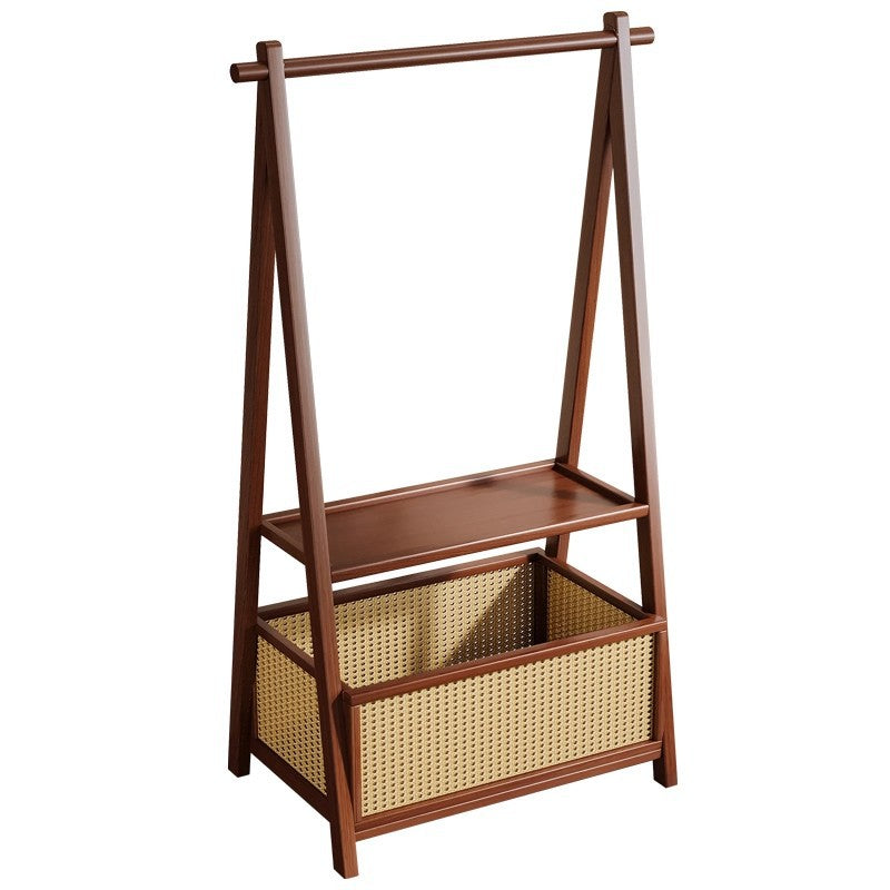 Contemporary Retro Trapezoidal Multifunctional Nan Bamboo Hall Tree Coat Rack With Wheels &amp; Plastic Rattan Laundry Basket For Entryway