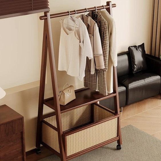 Contemporary Retro Trapezoidal Multifunctional Nan Bamboo Hall Tree Coat Rack With Wheels &amp; Plastic Rattan Laundry Basket For Entryway
