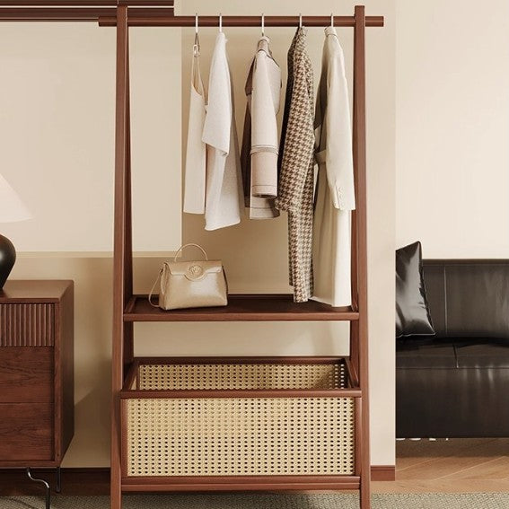 Contemporary Retro Trapezoidal Multifunctional Nan Bamboo Hall Tree Coat Rack With Wheels &amp; Plastic Rattan Laundry Basket For Entryway