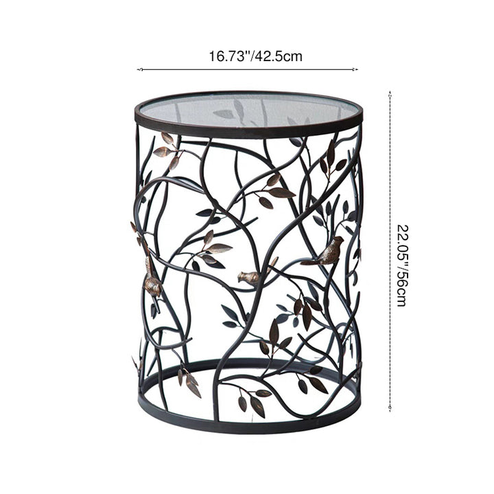 Traditioneller Vintage Zylindrischer Blatt-Design Durchbrochener Schmiedeeiserner Glas-Beistelltisch Für Wohnzimmer 