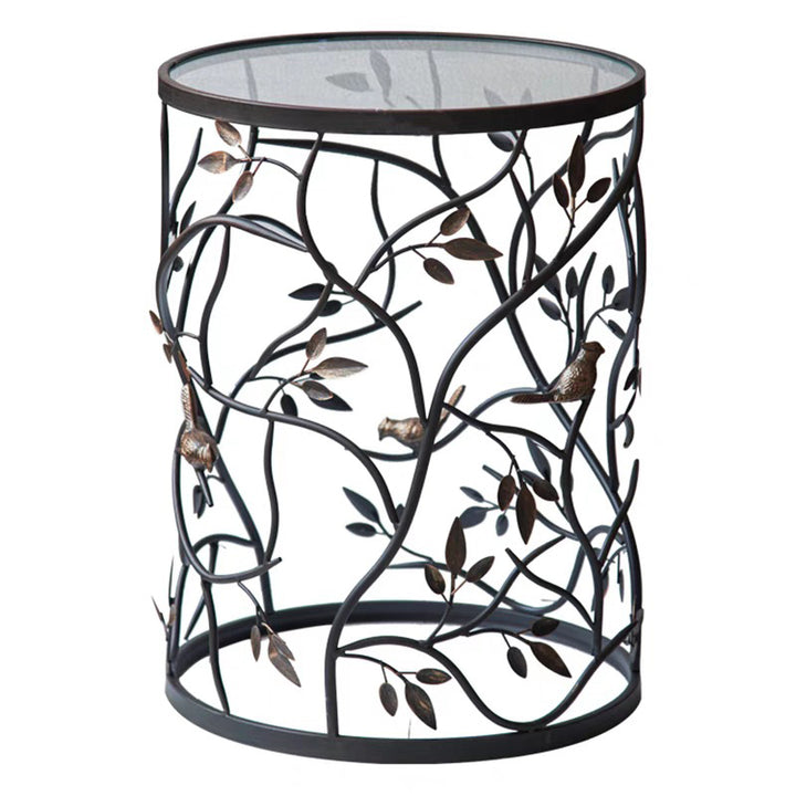 Traditional Vintage Cylindrical Leaf Design Openwork Wrought Iron Glass End Table For Living Room