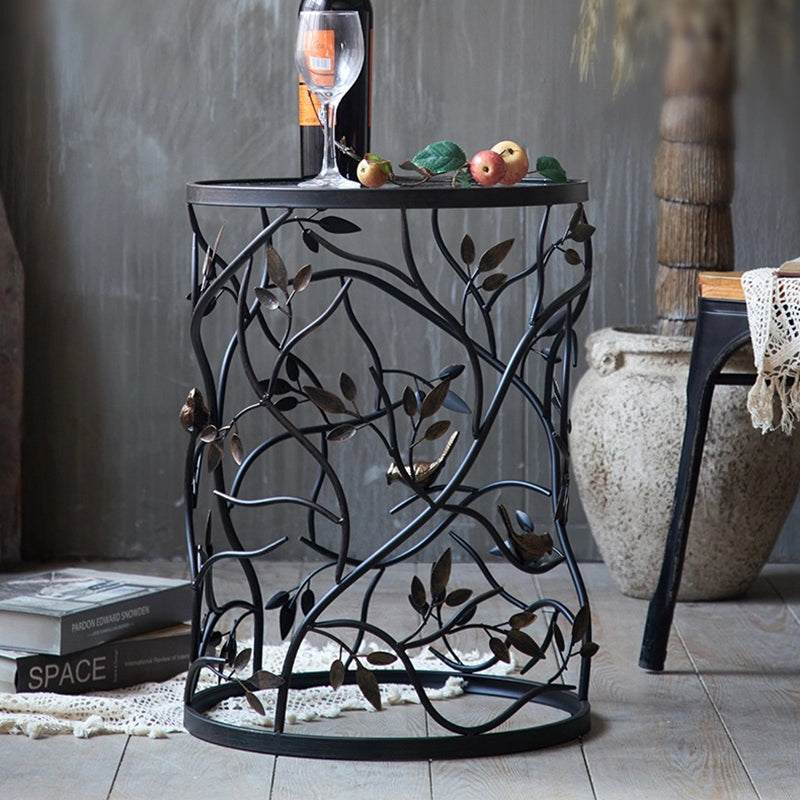 Traditional Vintage Cylindrical Leaf Design Openwork Wrought Iron Glass End Table For Living Room