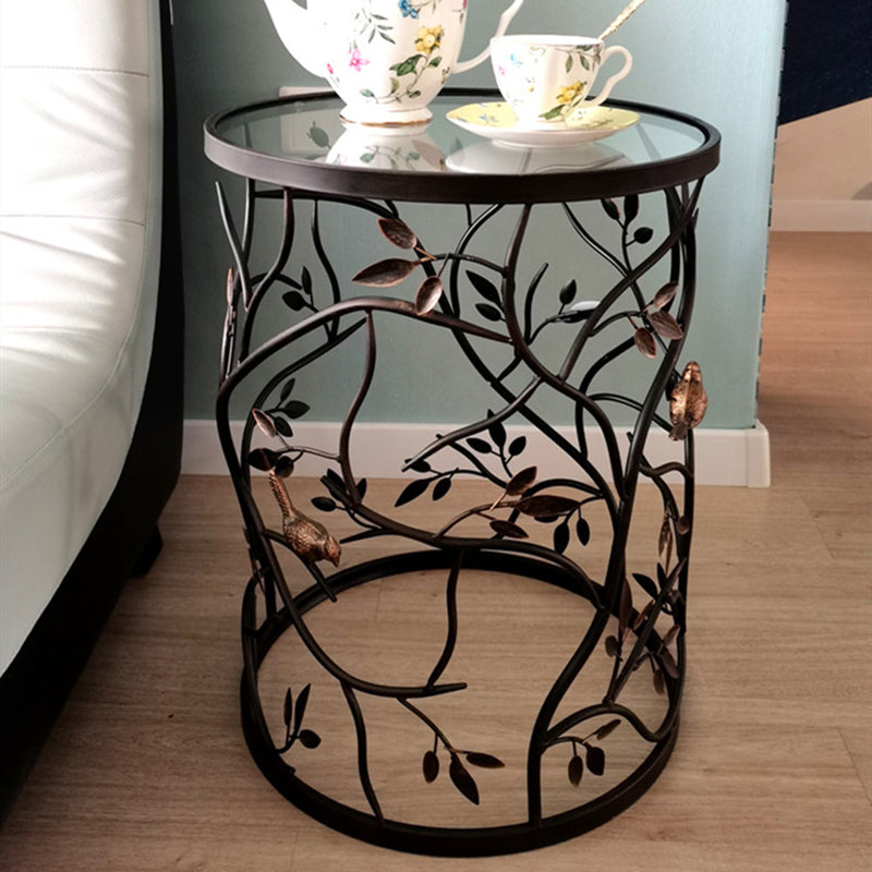 Traditional Vintage Cylindrical Leaf Design Openwork Wrought Iron Glass End Table For Living Room