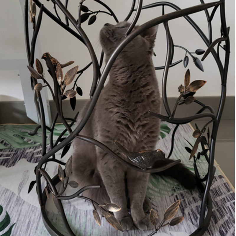 Traditional Vintage Cylindrical Leaf Design Openwork Wrought Iron Glass End Table For Living Room