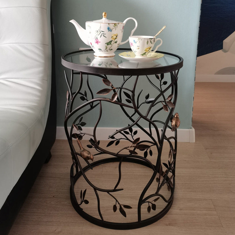 Traditional Vintage Cylindrical Leaf Design Openwork Wrought Iron Glass End Table For Living Room