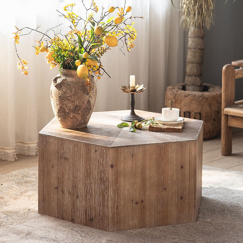 Traditional Vintage Hexagonal Cedar Wood End Table With Non-Slip Feet Medium Density Fiberboard Base For Living Room