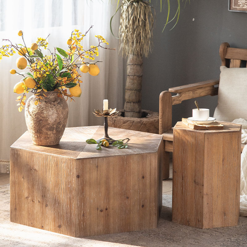 Traditional Vintage Hexagonal Cedar Wood End Table With Non-Slip Feet Medium Density Fiberboard Base For Living Room