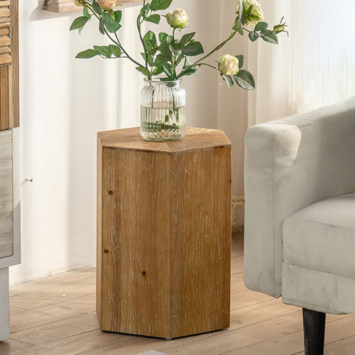 Traditional Vintage Hexagonal Cedar Wood End Table With Non-Slip Feet Medium Density Fiberboard Base For Living Room