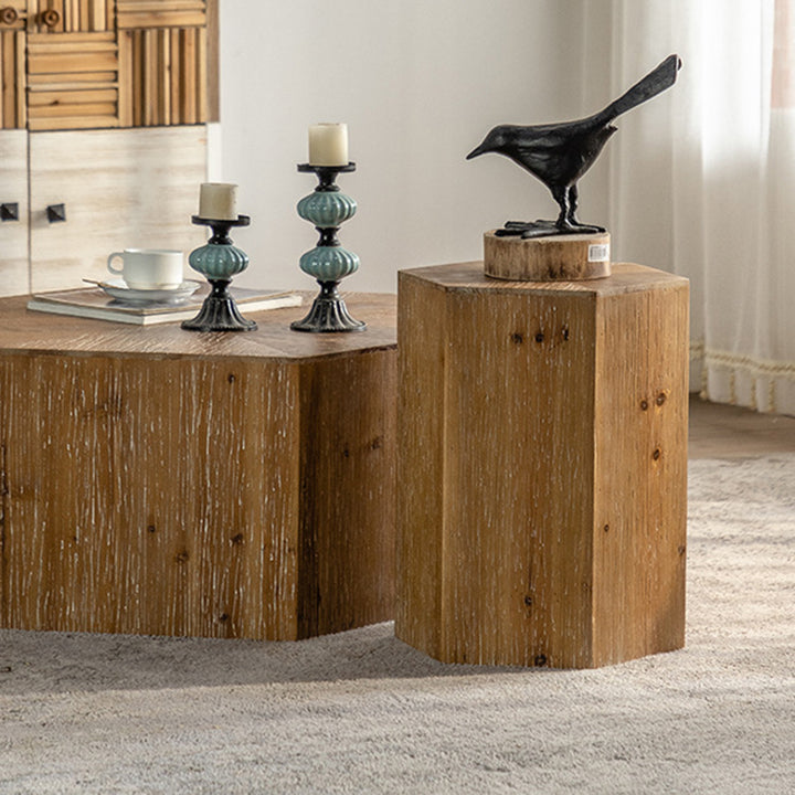 Traditional Vintage Hexagonal Cedar Wood End Table With Non-Slip Feet Medium Density Fiberboard Base For Living Room