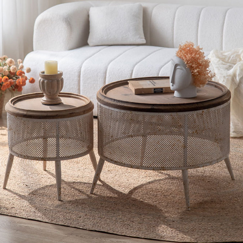 Traditional Vintage Round Pine Wood Iron Openwork End Table 4-Leg Non-Slip Pads For Living Room