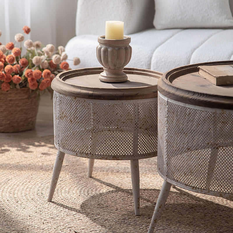 Traditional Vintage Round Pine Wood Iron Openwork End Table 4-Leg Non-Slip Pads For Living Room