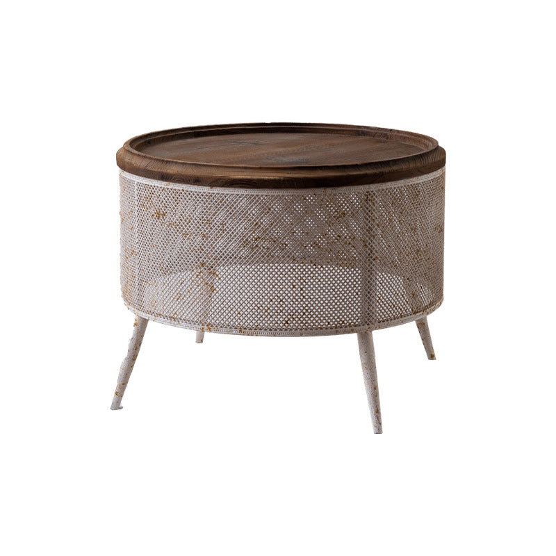 Traditional Vintage Round Pine Wood Iron Openwork End Table 4-Leg Non-Slip Pads For Living Room