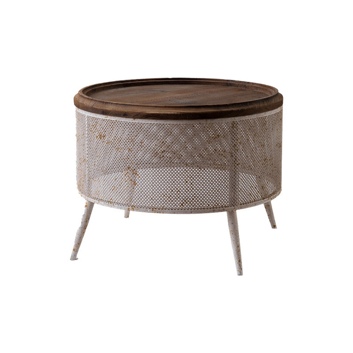Traditional Vintage Round Pine Wood Iron Openwork End Table 4-Leg Non-Slip Pads For Living Room