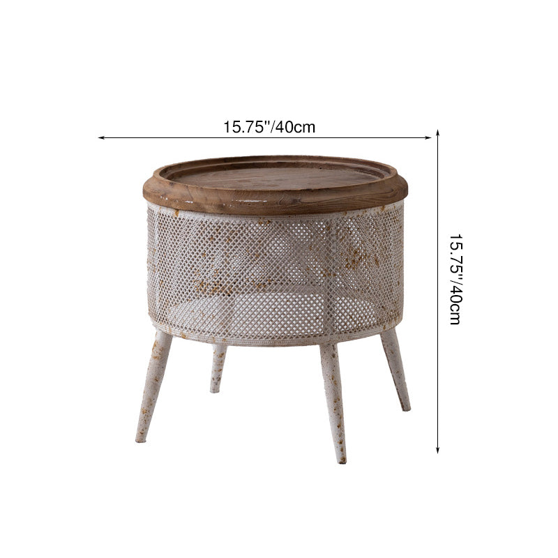 Traditional Vintage Round Pine Wood Iron Openwork End Table 4-Leg Non-Slip Pads For Living Room
