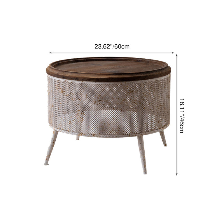 Traditional Vintage Round Pine Wood Iron Openwork End Table 4-Leg Non-Slip Pads For Living Room