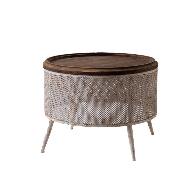 Traditional Vintage Round Pine Wood Iron Openwork End Table 4-Leg Non-Slip Pads For Living Room