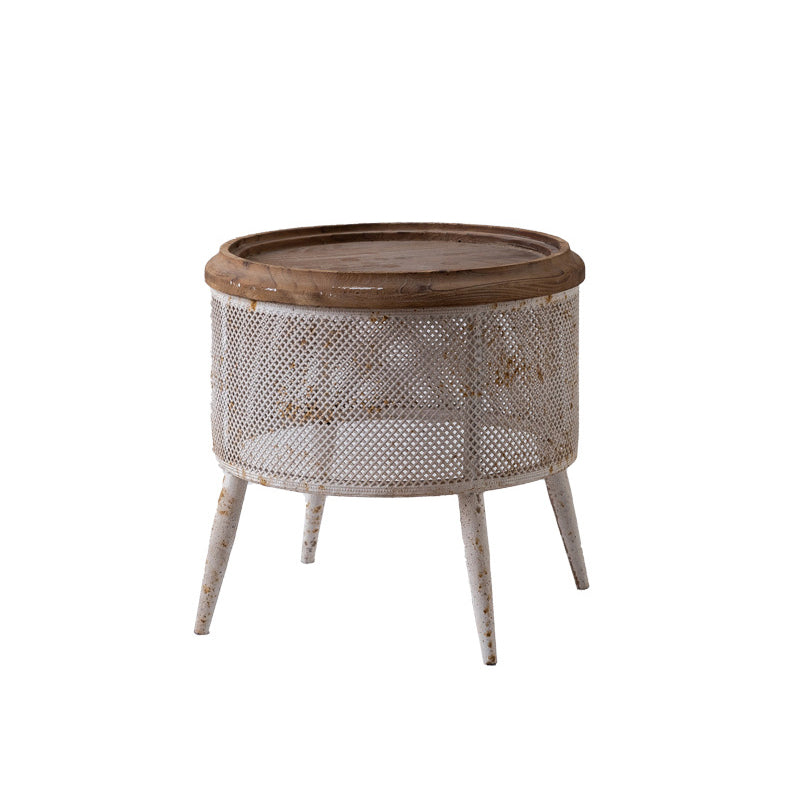 Traditional Vintage Round Pine Wood Iron Openwork End Table 4-Leg Non-Slip Pads For Living Room