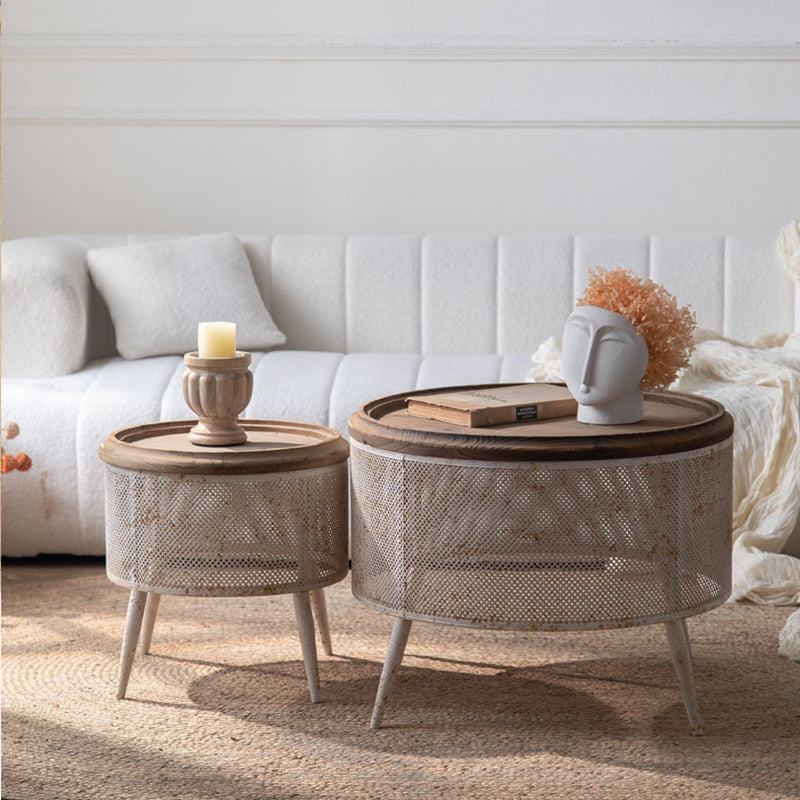 Traditional Vintage Round Pine Wood Iron Openwork End Table 4-Leg Non-Slip Pads For Living Room