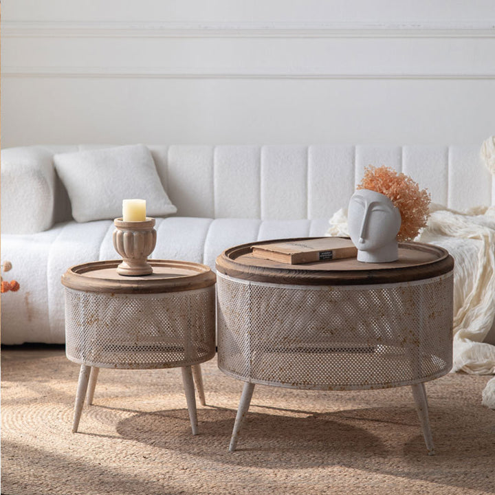 Traditional Vintage Round Pine Wood Iron Openwork End Table 4-Leg Non-Slip Pads For Living Room