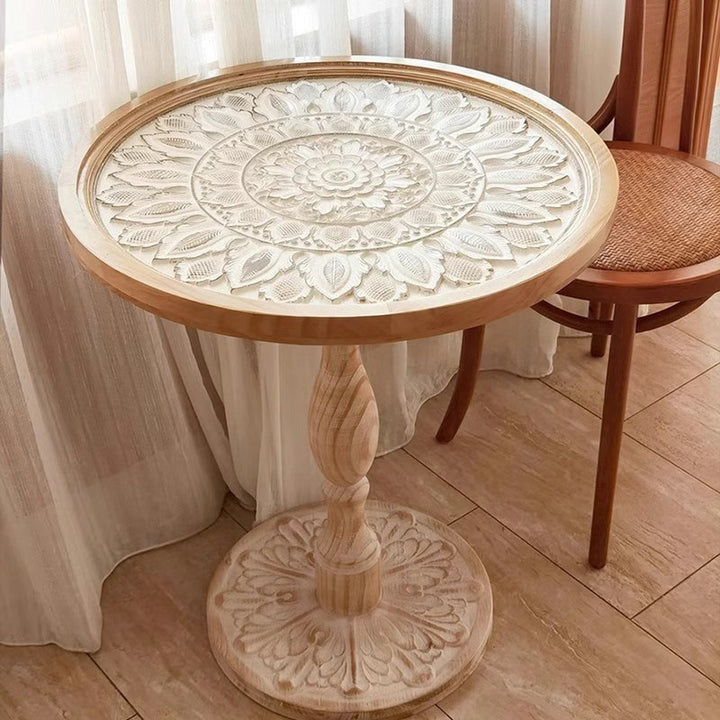 Mesa auxiliar redonda vintage tradicional de MDF, madera de cedro y vidrio tallado para sala de estar 