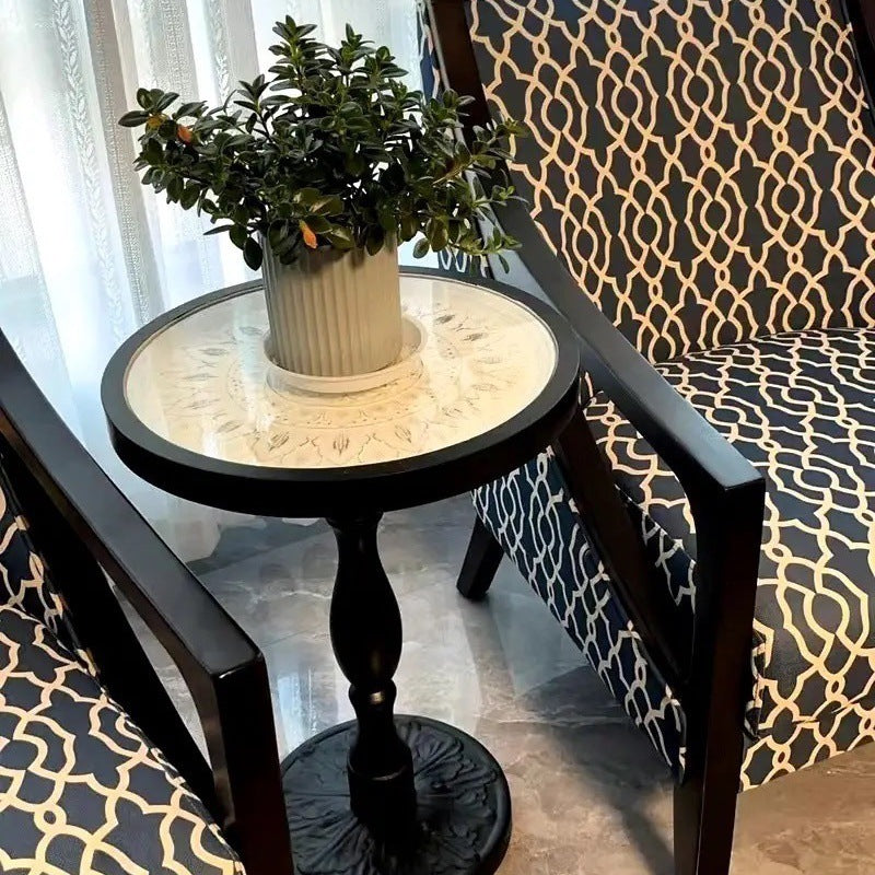 Traditional Vintage Round MDF Cedar Wood Glass Carved End Table For Living Room