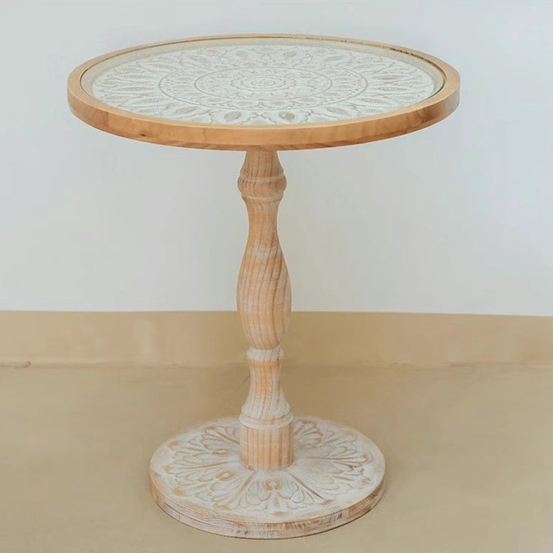 Traditional Vintage Round MDF Cedar Wood Glass Carved End Table For Living Room