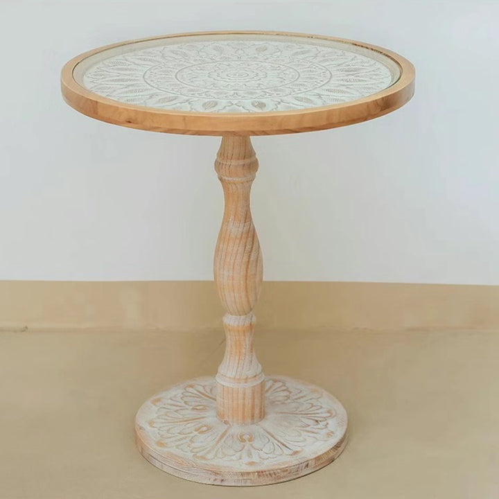 Traditional Vintage Round MDF Cedar Wood Glass Carved End Table For Living Room