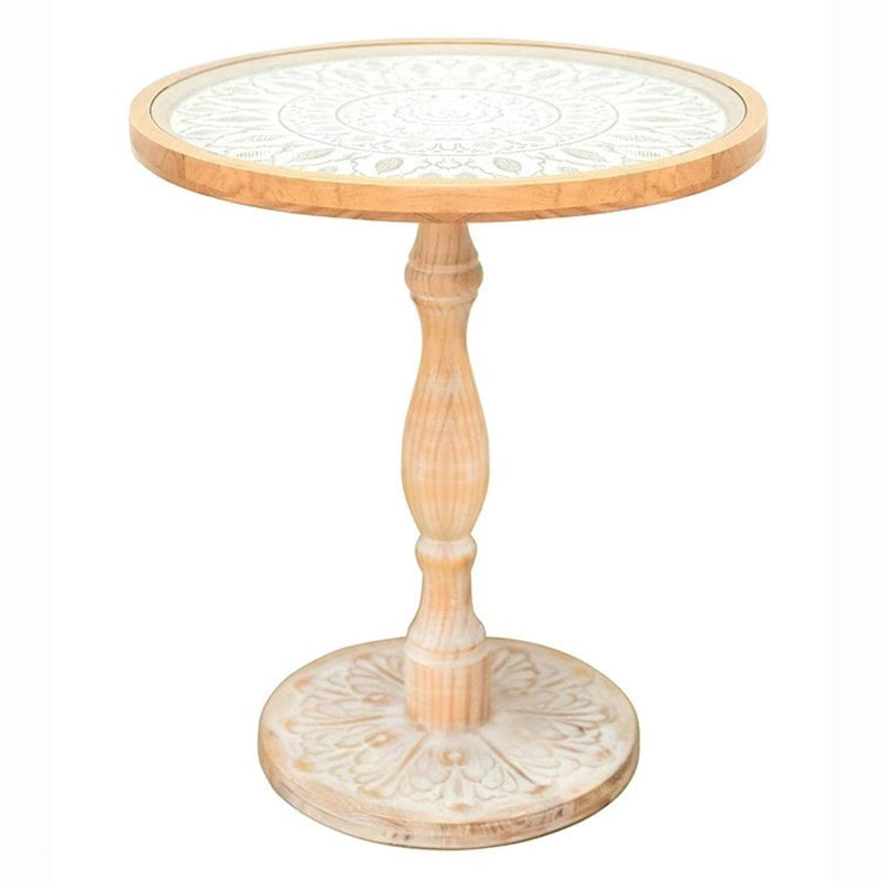 Traditional Vintage Round MDF Cedar Wood Glass Carved End Table For Living Room