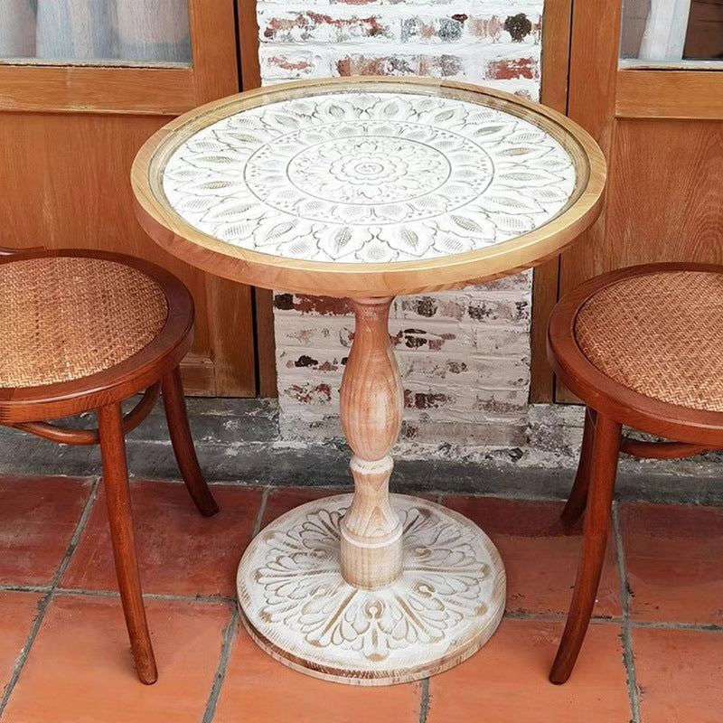 Traditional Vintage Round MDF Cedar Wood Glass Carved End Table For Living Room