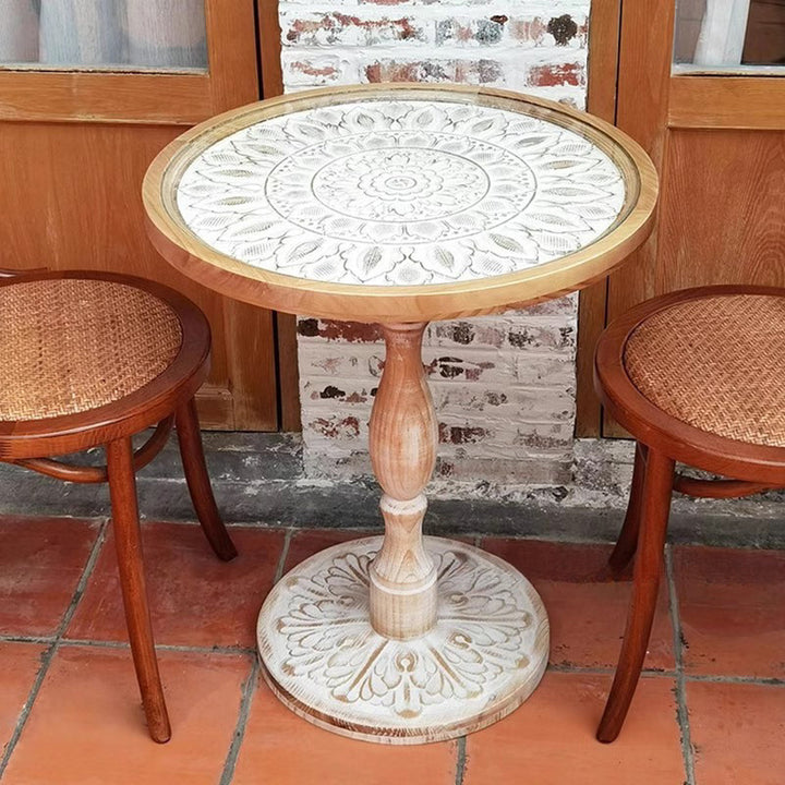 Traditional Vintage Round MDF Cedar Wood Glass Carved End Table For Living Room
