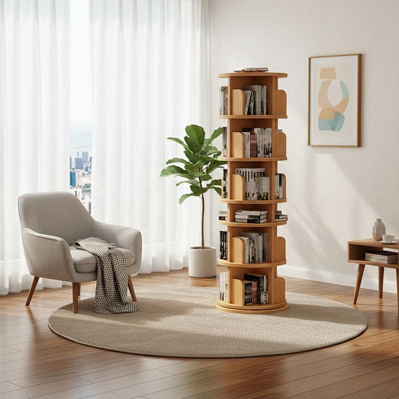 Modern Minimalist Solid Wood Bookshelves 6-Tier Rotatable For Home Office