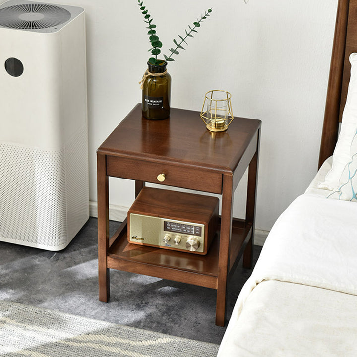 Mesa auxiliar rectangular moderna y minimalista de madera de caucho, 2 niveles y 1 cajón, para sala de estar 