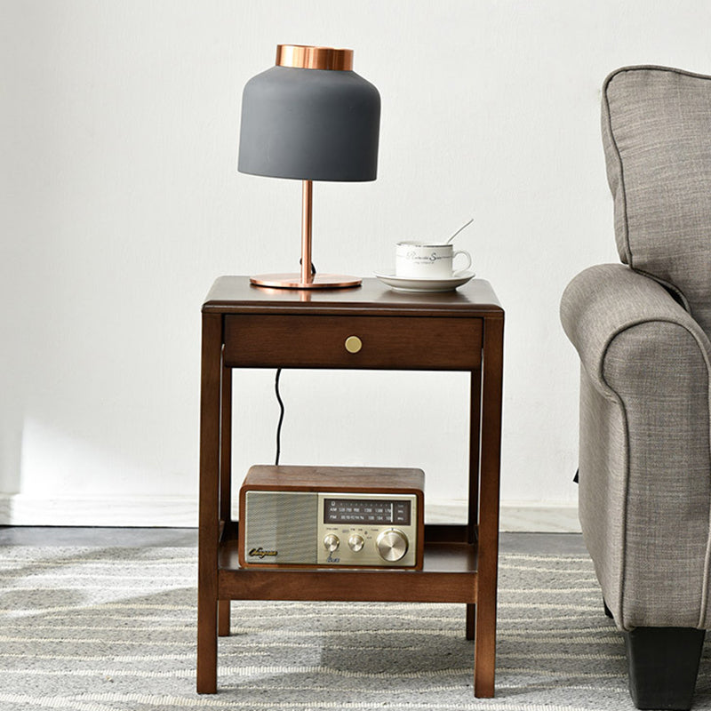 Modern Minimalist Rectangular Solid Wood End Table 2-Tier 1-Drawer For Living Room
