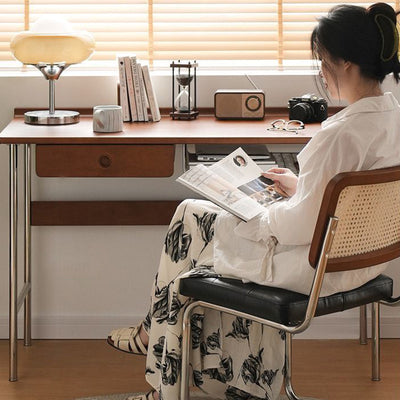 Modern Minimalist Rectangular Solid Wood Stainless Steel Desk 4-Leg 1-Drawer For Home Office
