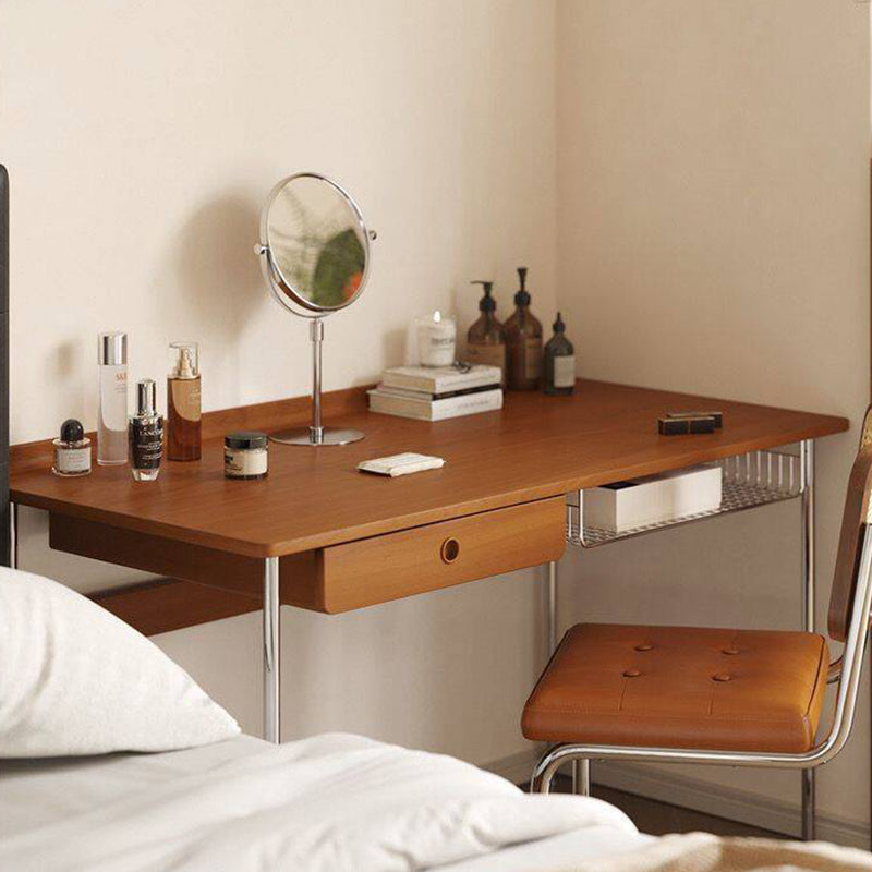 Modern Minimalist Rectangular Solid Wood Stainless Steel Desk 4-Leg 1-Drawer For Home Office